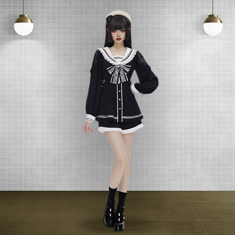 schwarzes Kleid, Kleid mit Schleife, langärmliges Kleid, Gothic-Kleid, japanisches Kleid, Kleid mit Shorts